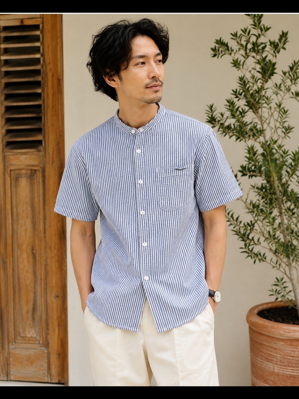 Rope Man Seersucker Stripe Shirt M Blue White Band Collar Coastal Casual